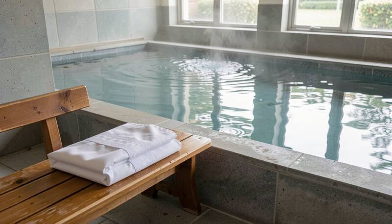 White baptismal robe folded on a wooden bench beside an indoor baptismal pool with calm water