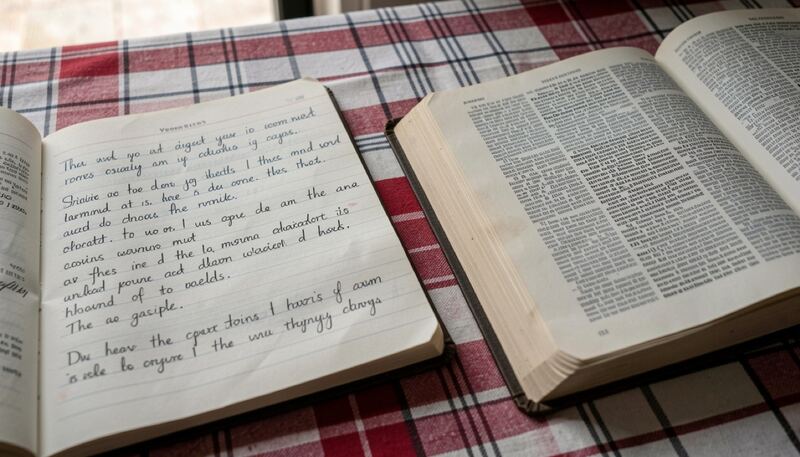 Hand writing questions in a notebook beside an open Bible on a checked tablecloth