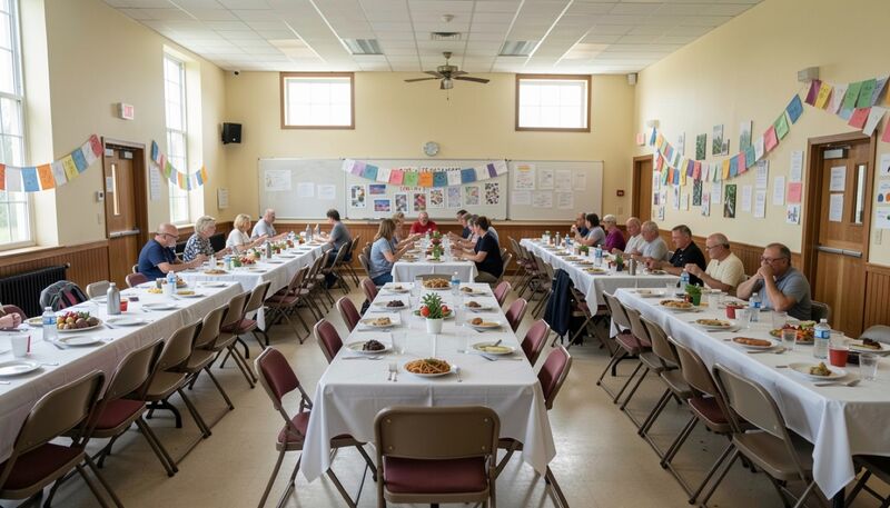 Church fellowship hall with long tables set for a community meal and paper decorations