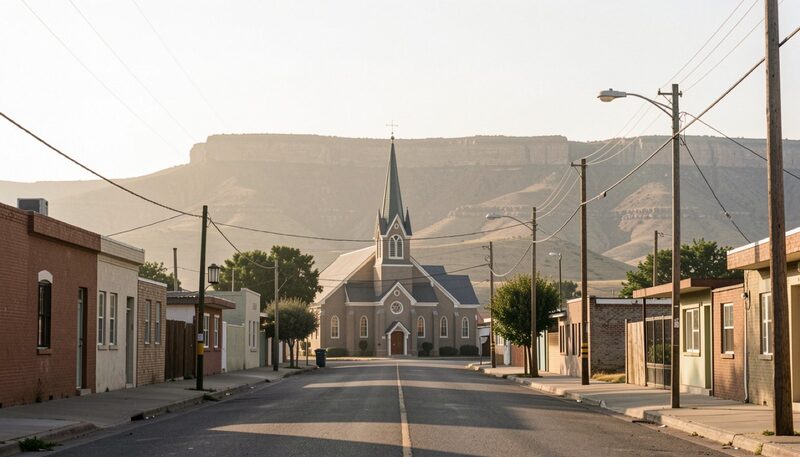 Small town main street at dawn with a single church steeple and flat topped mesa hills behind