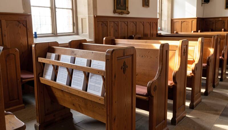 Wooden church pews with hymnals resting on racks in warm window light before a service